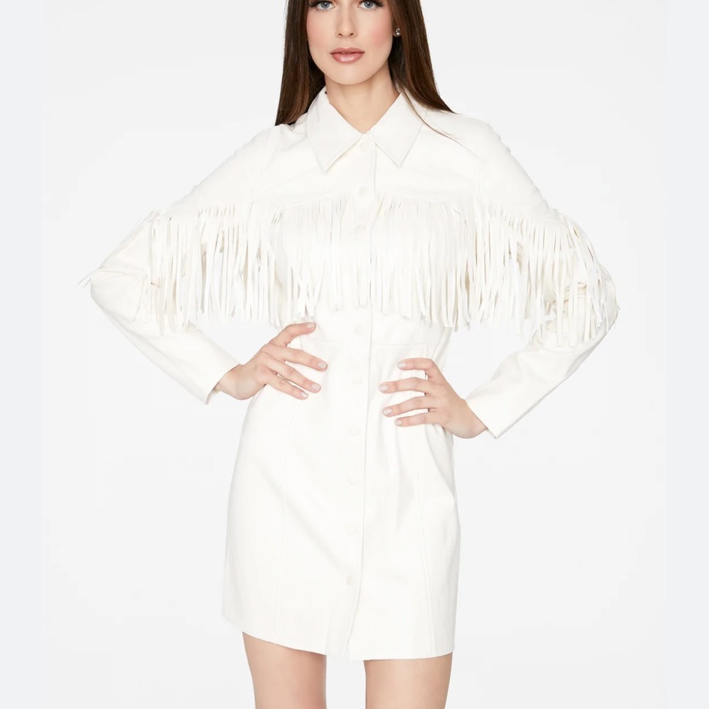 Hey You Off White Faux Leather Fringe Western Dress, Size Large